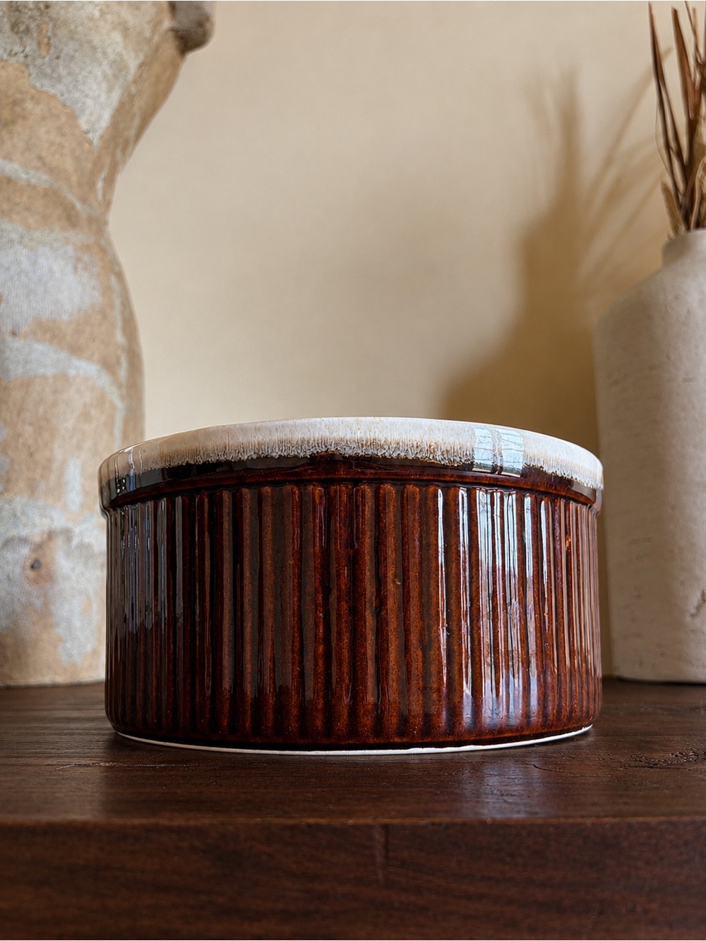 Vintage Pfaltzgraff #408 Brown Ribbed Soufflé Casserole Baking Dish